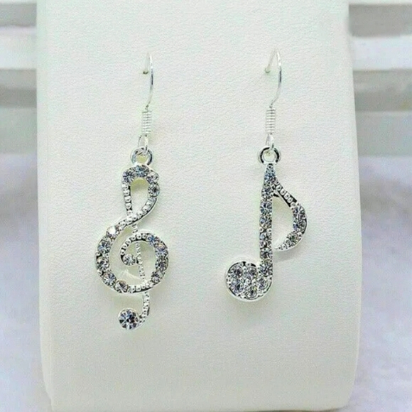 White Sapphire 925 Silver Music Notes Dangle Earrings Hook Backs - Picture 4 of 4